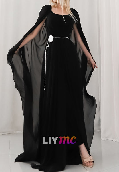 Scoop Long Sleeves Chiffon A-Line Black Mother of Bride Dress