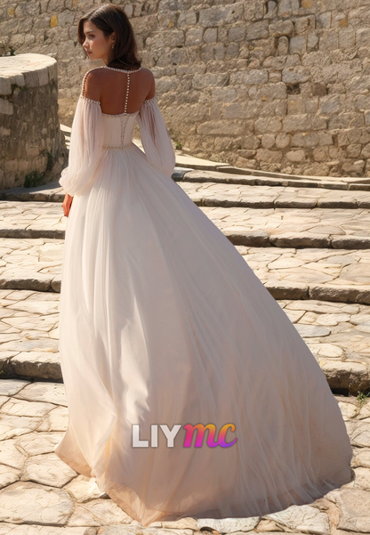 LW086 - A Line Illusion Scoop Long Sleeves Beaded Pleated Tulle Long Wedding Dress