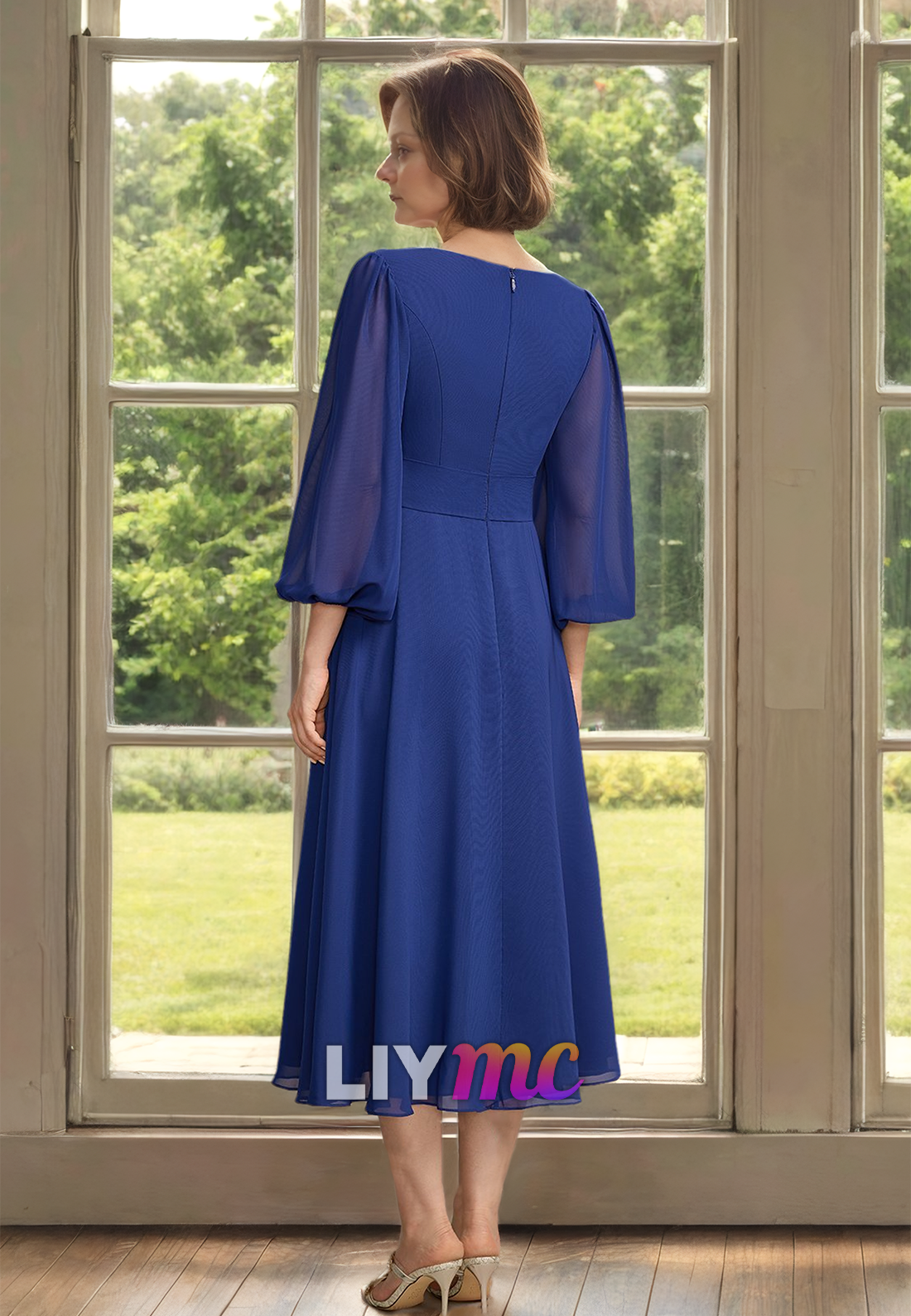 Scoop Long Sleeves Chiffon Pleated A-Line Mother of Bride Dress