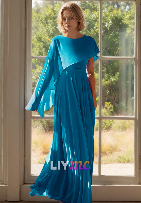 Scoop Long Sleeves Chiffon Pleated A-Line Mother of Bride Dress