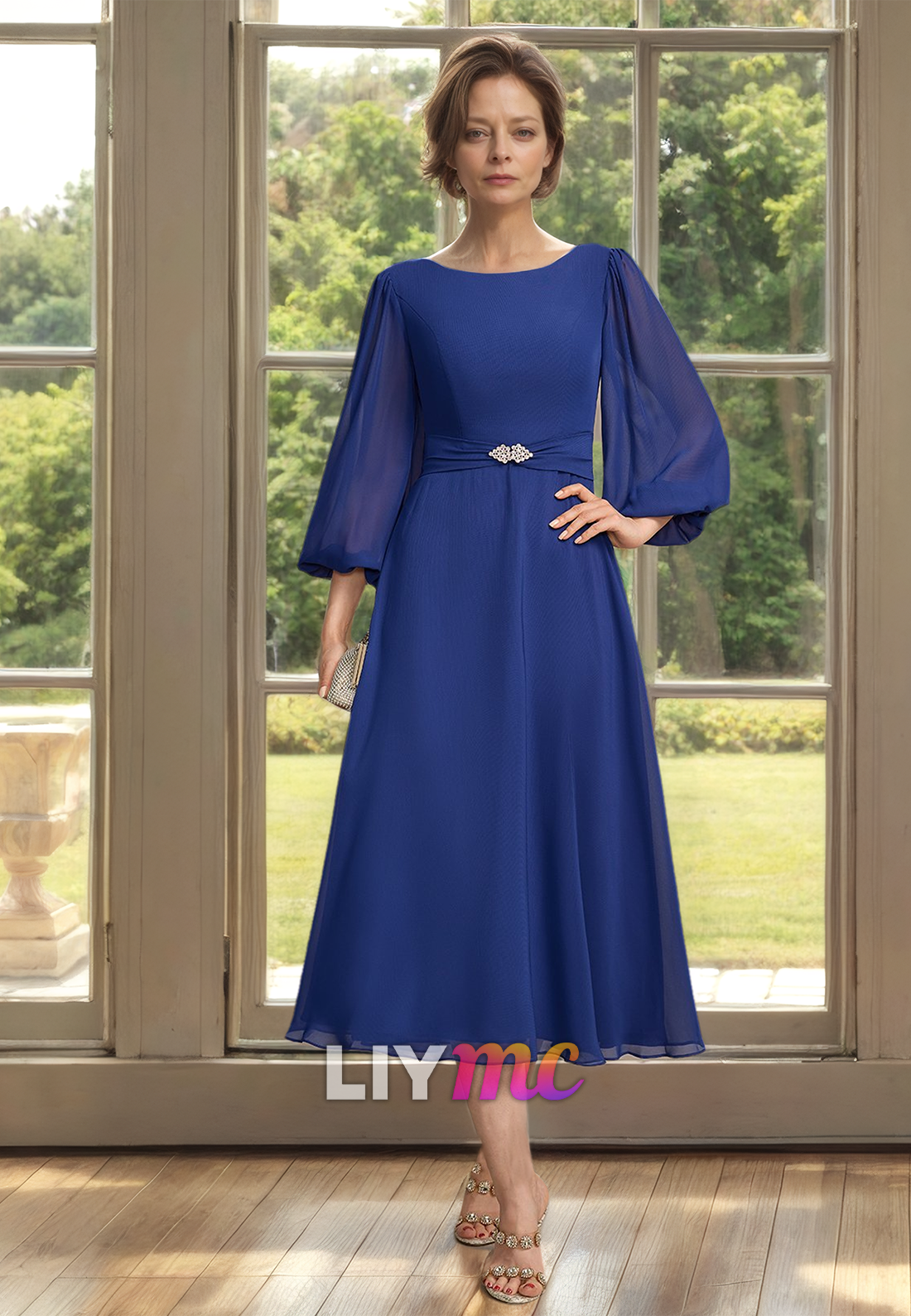 Scoop Long Sleeves Chiffon Pleated A-Line Mother of Bride Dress