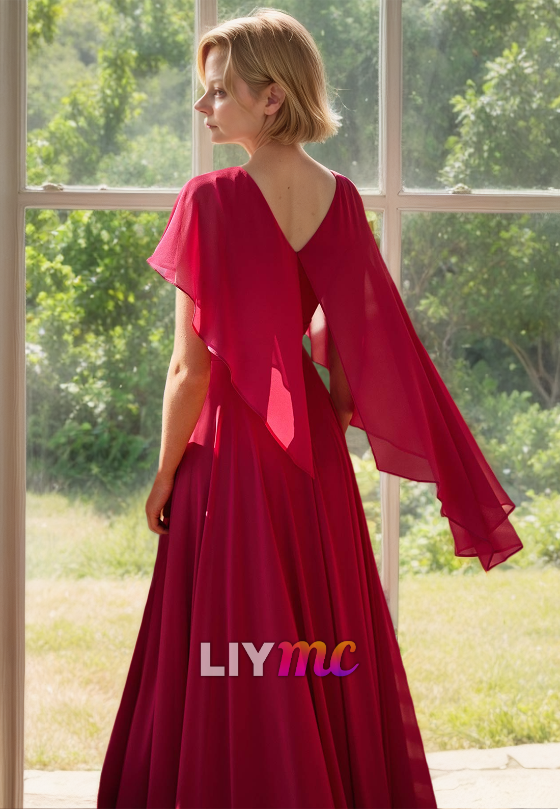 Scoop Long Sleeves Chiffon Pleated A-Line Mother of Bride Dress