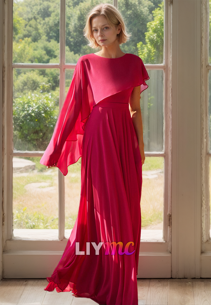 Scoop Long Sleeves Chiffon Pleated A-Line Mother of Bride Dress