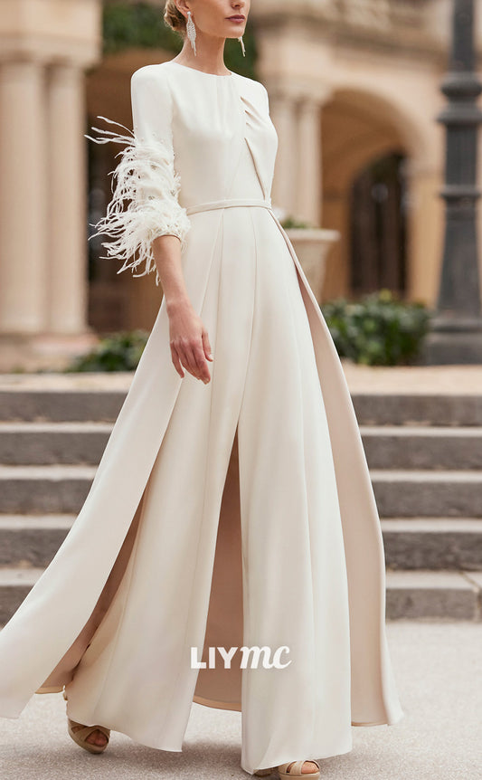 M1188 - Scoop Long Sleeves Feathered Jumpsuit Chiffon Mother of Bride Cocktail Dress