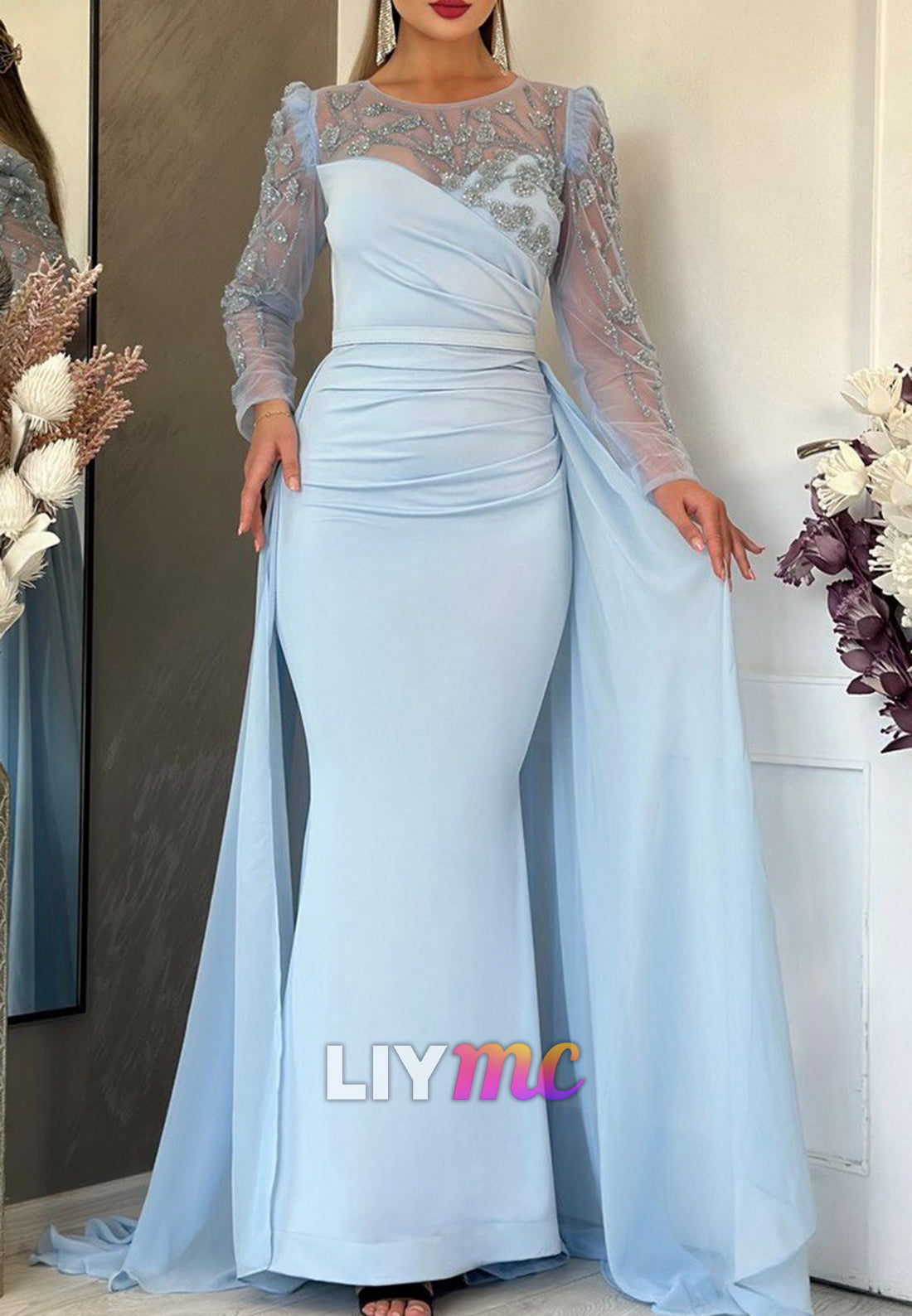 Scoop Long Sleeves Fitted Beading Mermaid Mother of Bride Dress