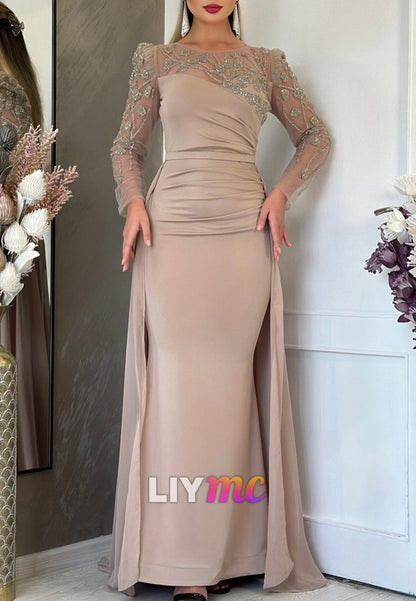 Scoop Long Sleeves Fitted Beading Mermaid Mother of Bride Dress