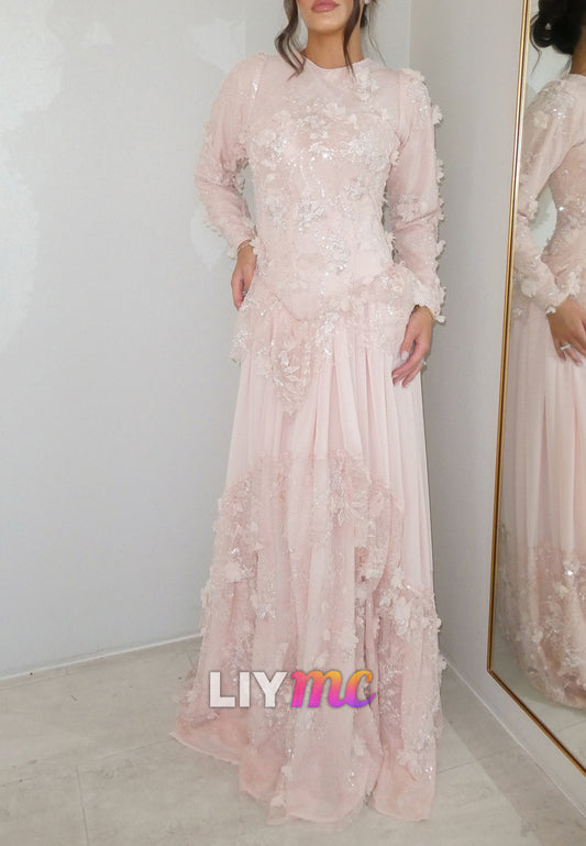 Scoop Long Sleeves Floral Appliques A-Line Evening Dress
