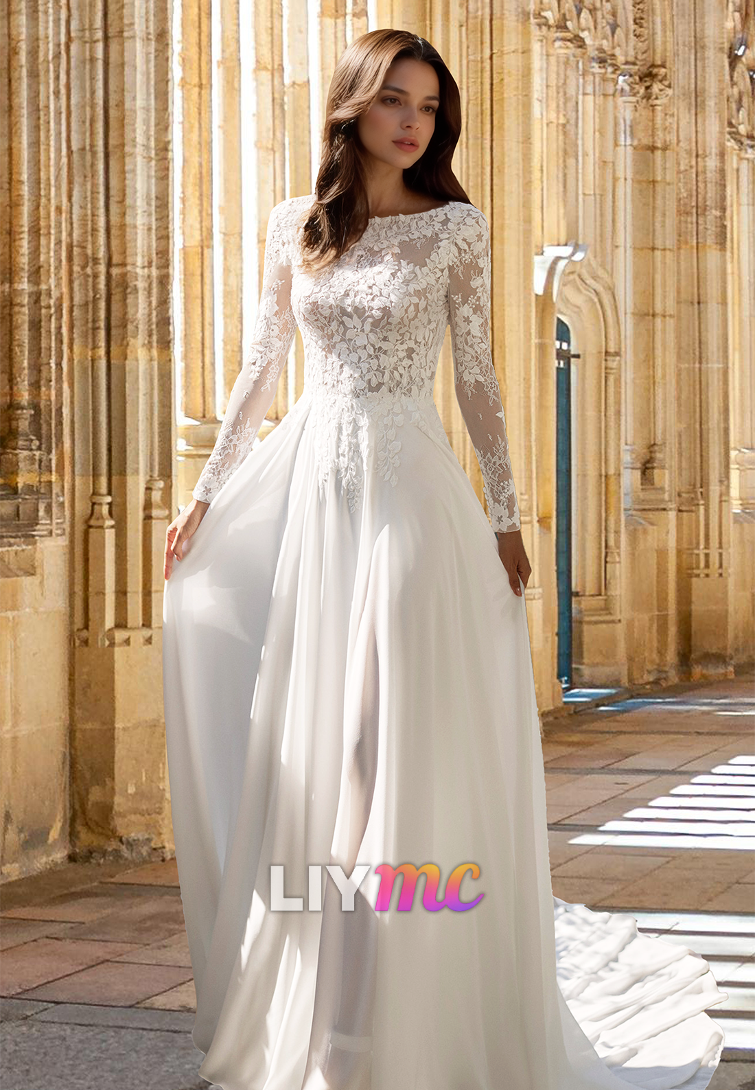 Scoop Long Sleeves Floral Appliques Chiffon A-Line Wedding Dress