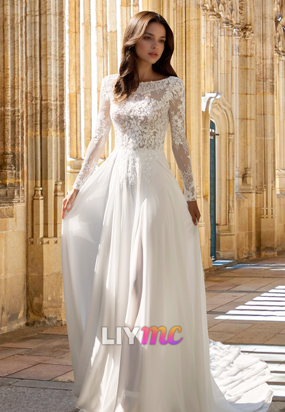 Scoop Long Sleeves Floral Appliques Chiffon A-Line Wedding Dress