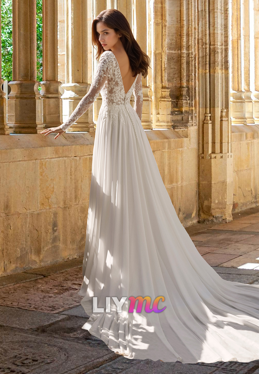 Scoop Long Sleeves Floral Appliques Chiffon A-Line Wedding Dress