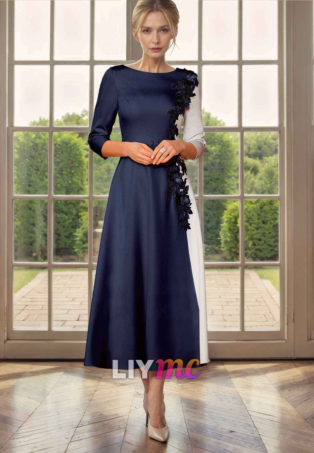 Scoop Long Sleeves Floral Pleated Sleek Satin Mother of Bride Dress Cocktail Dress