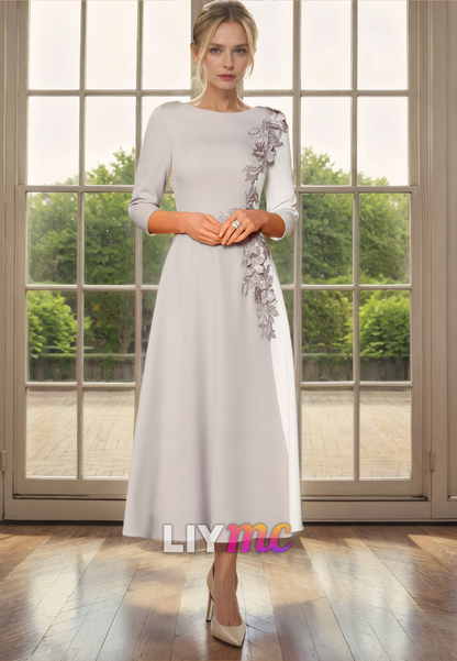 Scoop Long Sleeves Floral Pleated Sleek Satin Mother of Bride Dress Cocktail Dress