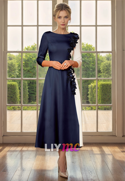 Scoop Long Sleeves Floral Pleated Sleek Satin Mother of Bride Dress Cocktail Dress