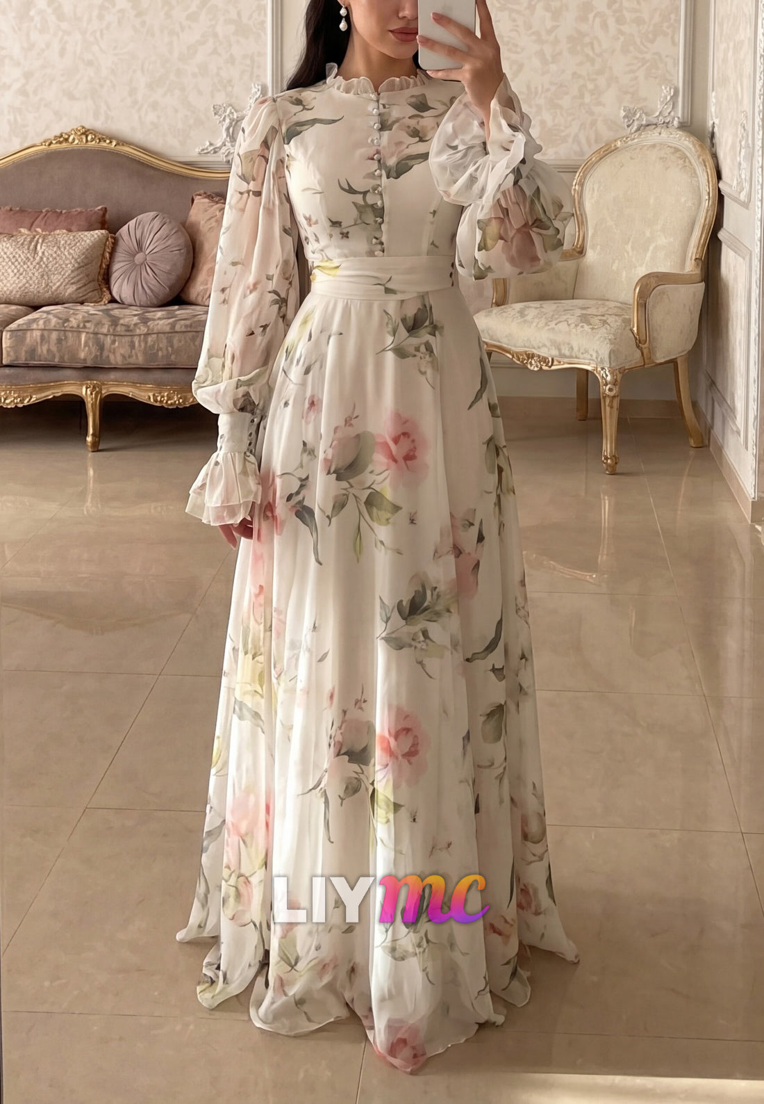 Scoop Long Sleeves Floral Printed A-Line Cocktail Dress