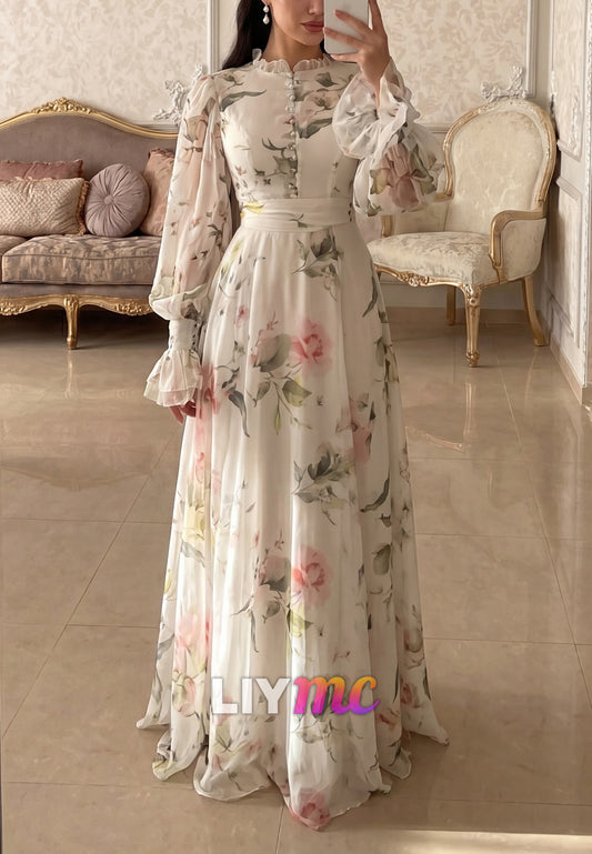 Scoop Long Sleeves Floral Printed A-Line Cocktail Dress