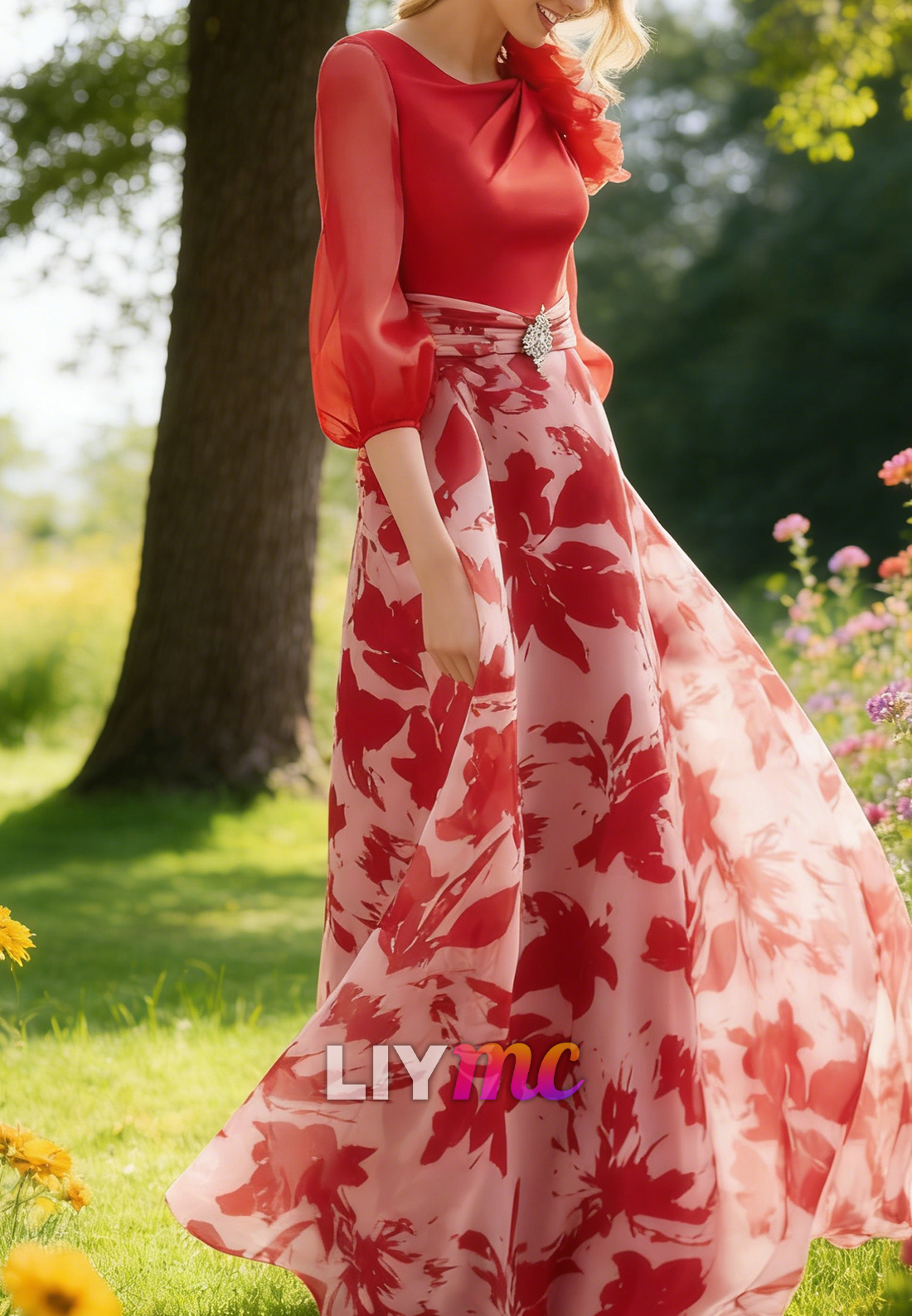 Scoop Long Sleeves Floral Printed A-Line Mother of Bride Dress