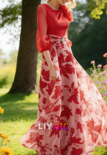 Scoop Long Sleeves Floral Printed A-Line Mother of Bride Dress