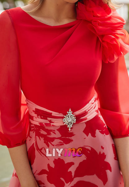 Scoop Long Sleeves Floral Printed A-Line Mother of Bride Dress