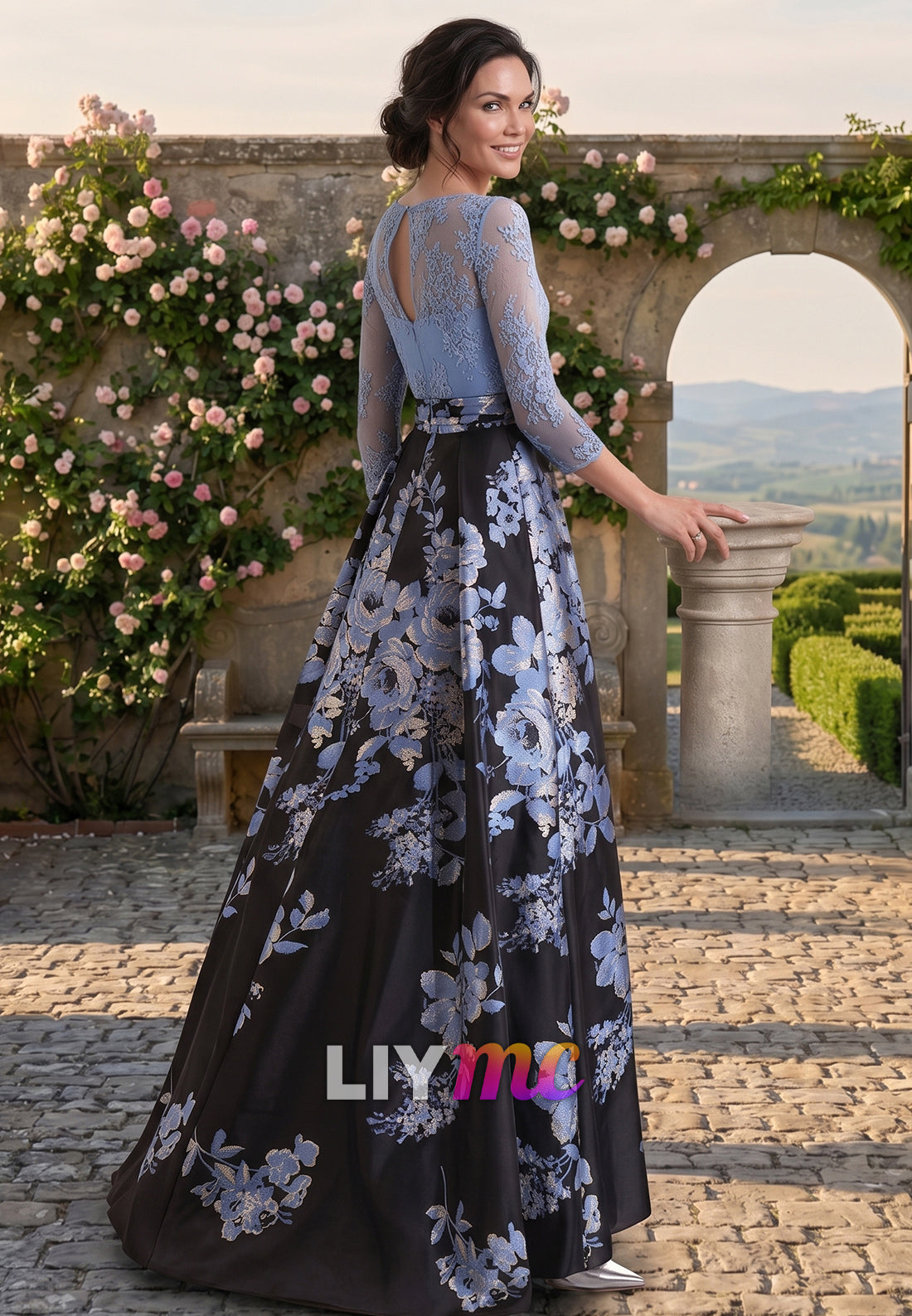 Scoop Long Sleeves Floral Printed Appliques A-Line Mother of Bride Dress
