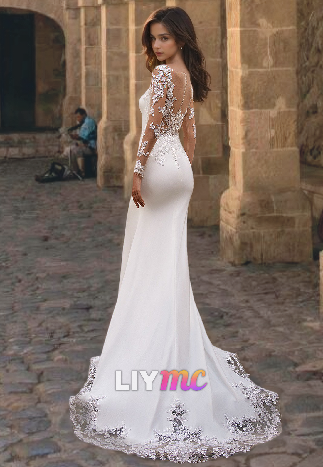 Scoop Long Sleeves Lace Appliques Sleek Mermaid Wedding Dress