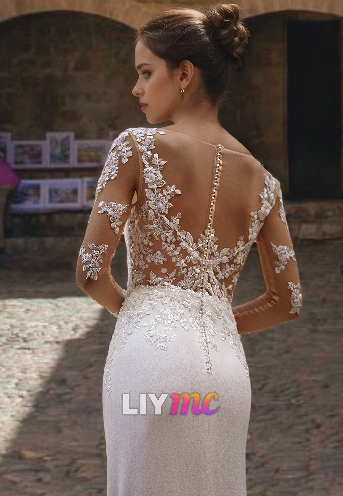 Scoop Long Sleeves Lace Appliques Sleek Mermaid Wedding Dress