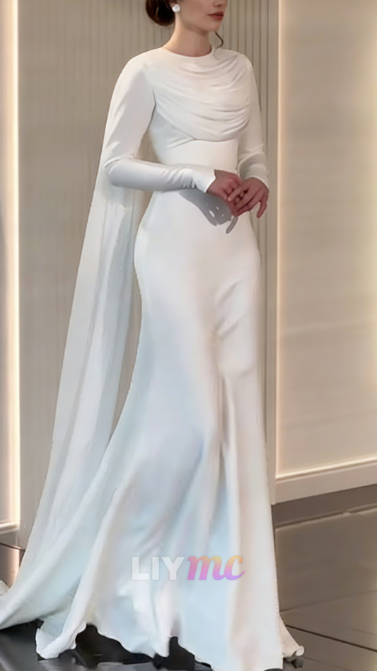 Scoop Long Sleeves Mermaid Satin Wedding Dress