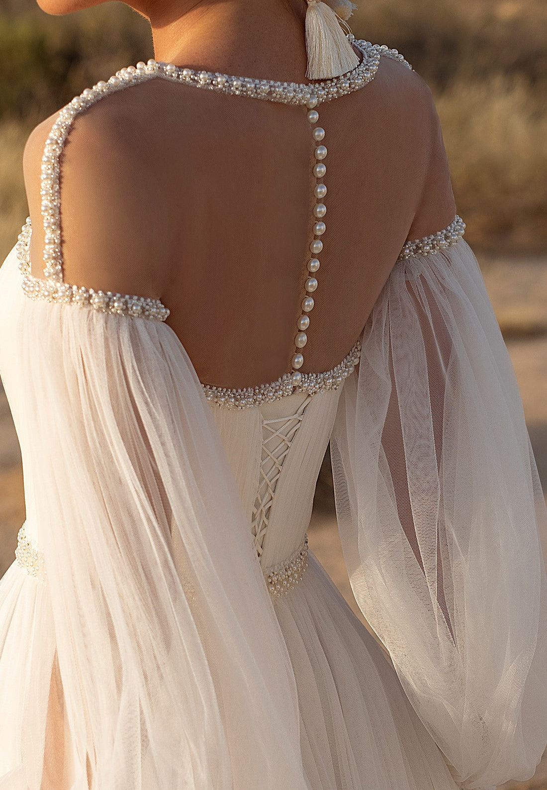 LW086 - A Line Illusion Scoop Long Sleeves Beaded Pleated Tulle Long Wedding Dress