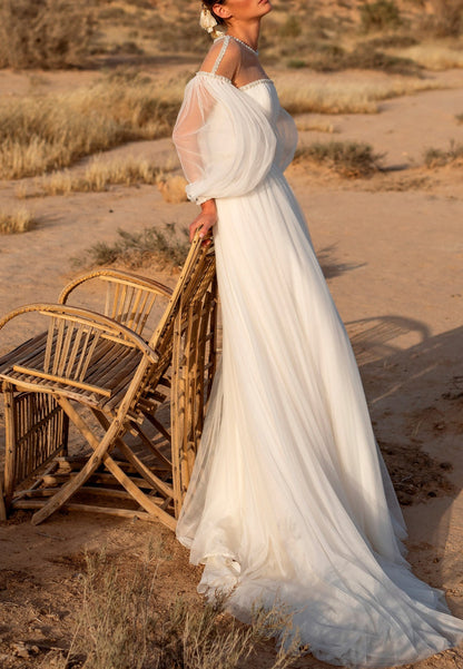 LW086 - A Line Illusion Scoop Long Sleeves Beaded Pleated Tulle Long Wedding Dress