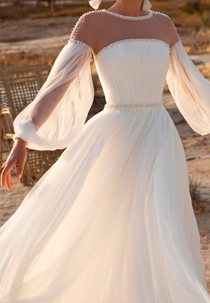 LW086 - A Line Illusion Scoop Long Sleeves Beaded Pleated Tulle Long Wedding Dress