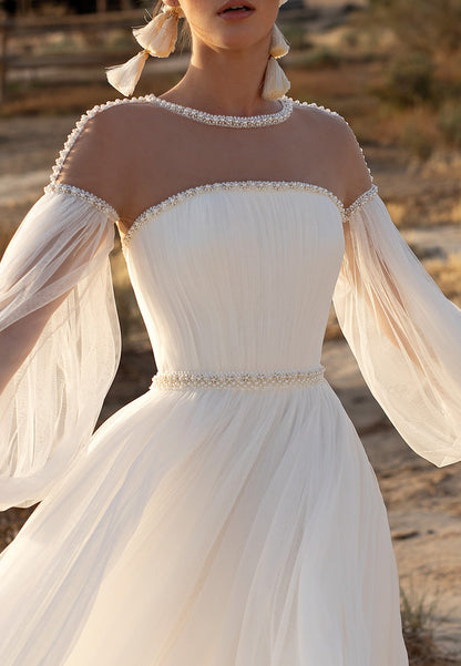 LW086 - A Line Illusion Scoop Long Sleeves Beaded Pleated Tulle Long Wedding Dress
