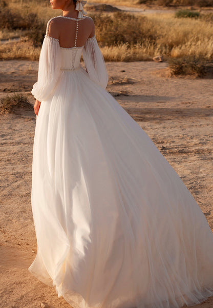 LW086 - A Line Illusion Scoop Long Sleeves Beaded Pleated Tulle Long Wedding Dress