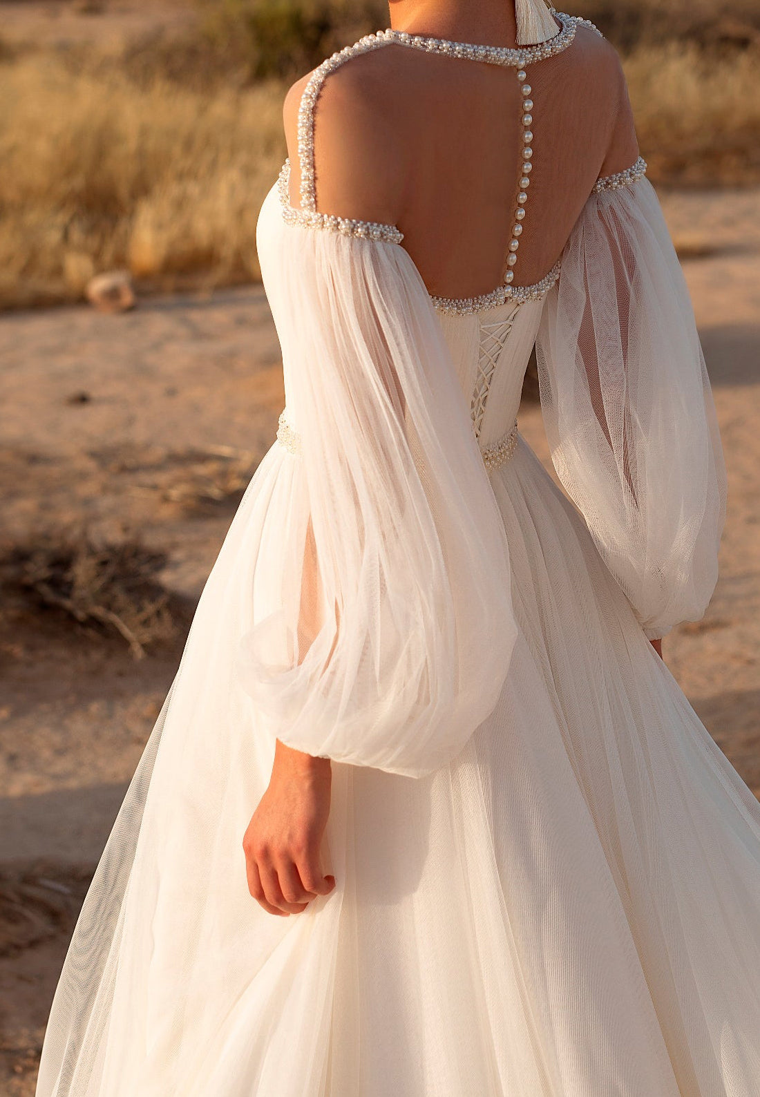 LW086 - A Line Illusion Scoop Long Sleeves Beaded Pleated Tulle Long Wedding Dress