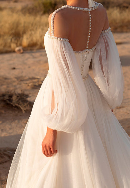 LW086 - A Line Illusion Scoop Long Sleeves Beaded Pleated Tulle Long Wedding Dress