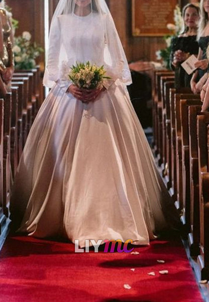 Scoop Long Sleeves Pleated A-Line Classic Wedding Dress