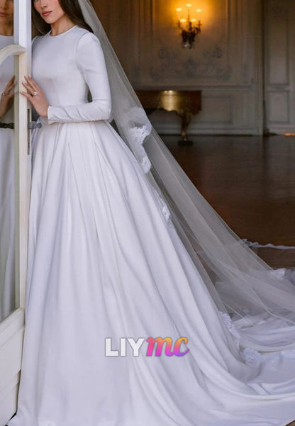 Scoop Long Sleeves Pleated A-Line Classic Wedding Dress