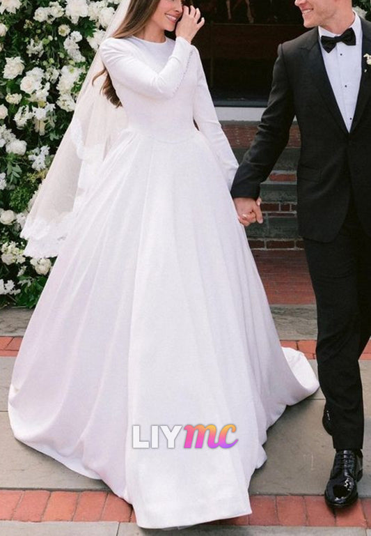 Scoop Long Sleeves Pleated A-Line Classic Wedding Dress