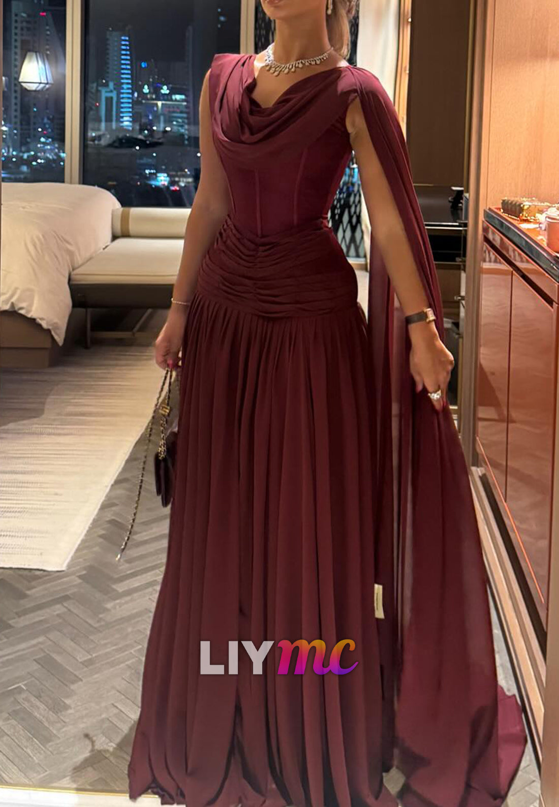 Scoop Long Sleeves Pleated A-Line Formal Dress