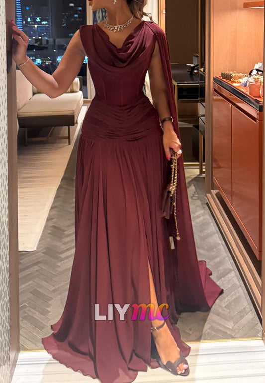 Scoop Long Sleeves Pleated A-Line Formal Dress