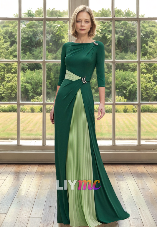 M1074 - Column Mother of the Bride Dress Elegant Jewel Neck Floor Length Crepe Stretch Chiffon 34 Length Sleeve