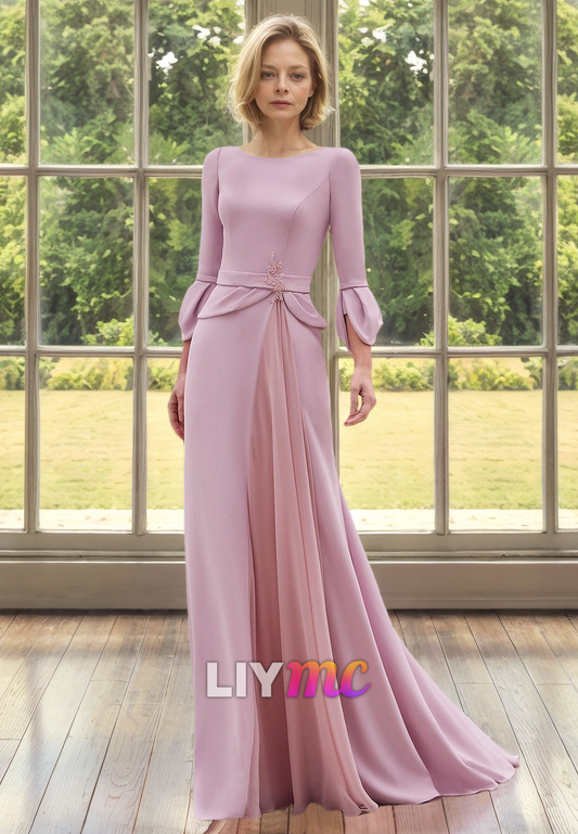 Scoop Long Sleeves Pleated Mermaid Simple Mother of Bride Dress