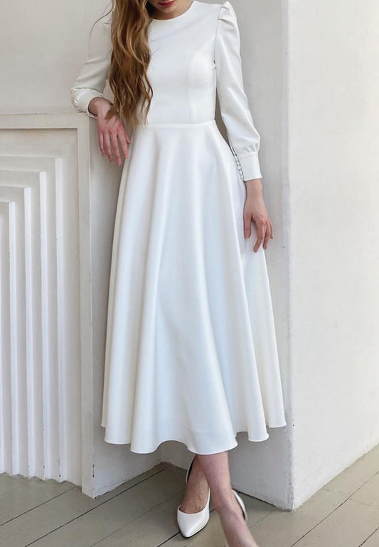 Scoop Long Sleeves Pleated Satin A-Line Midi Wedding Dress