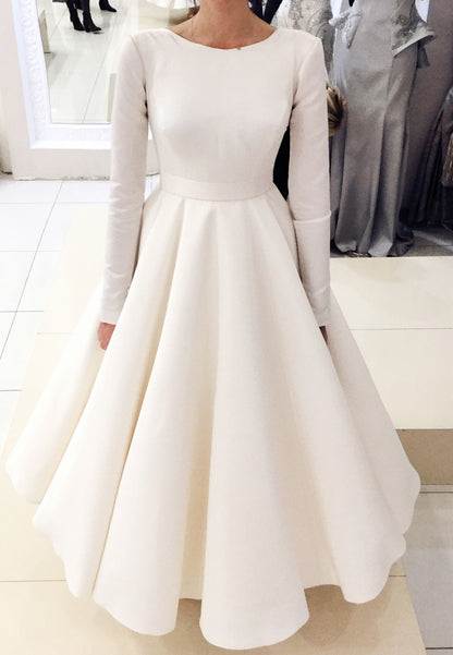 Scoop Long Sleeves Pleated Satin Sleek A-Line Wedding Dress