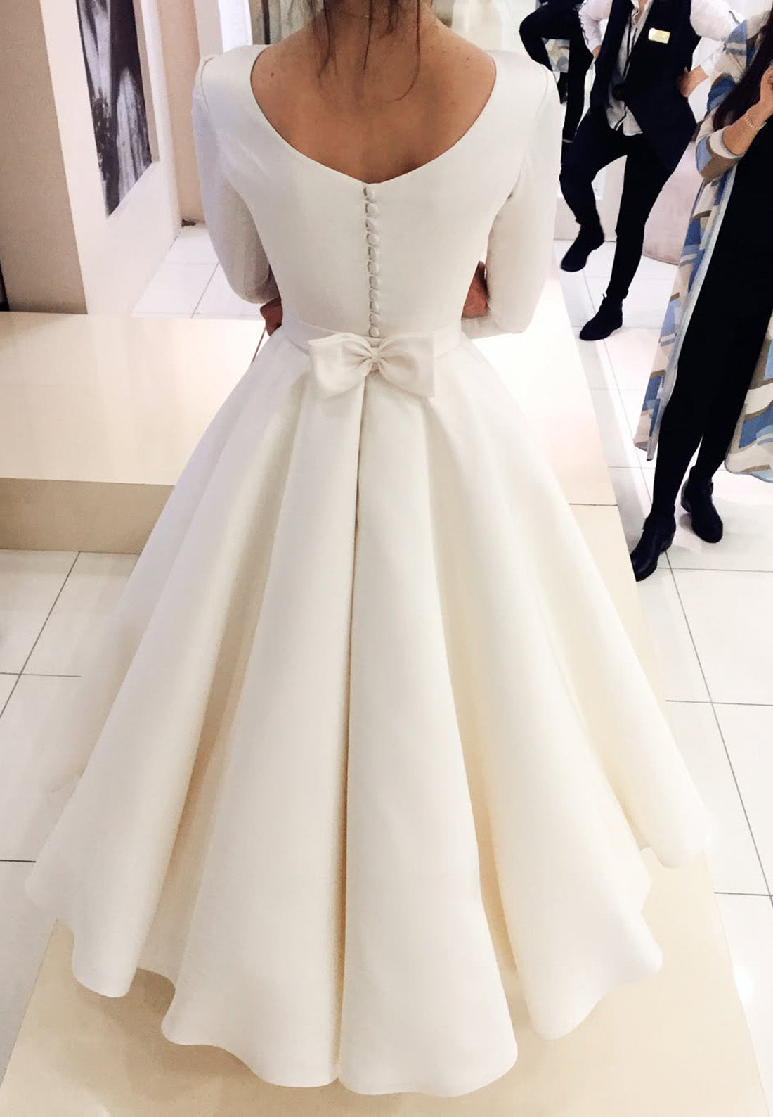 Scoop Long Sleeves Pleated Satin Sleek A-Line Wedding Dress