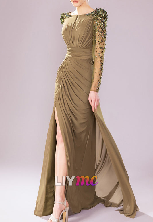 Scoop Long Sleeves Ruched Beaded Sheath Evening Dress