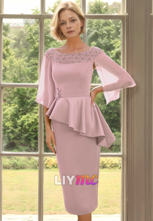 Scoop Long Sleeves Ruffled Sheath Beaded Sheath Knee-Length Mother of Bride Dress