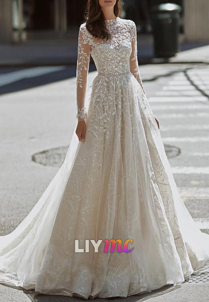 Scoop Long Sleeves Sequins Appliques A-Line Wedding Dress