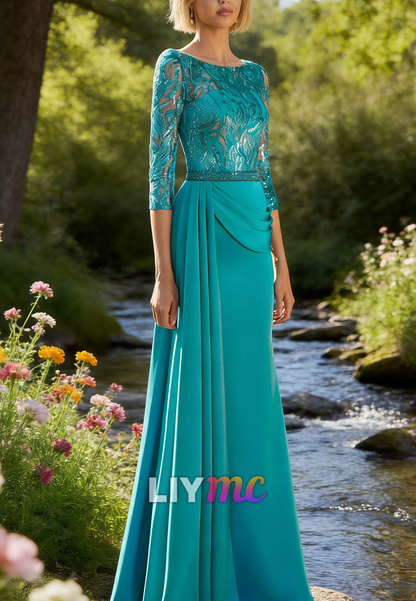 Scoop Long Sleeves Sequins Appliques Sheath Mother of Bride Dress