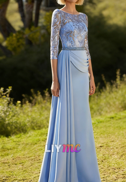 Scoop Long Sleeves Sequins Appliques Sheath Mother of Bride Dress