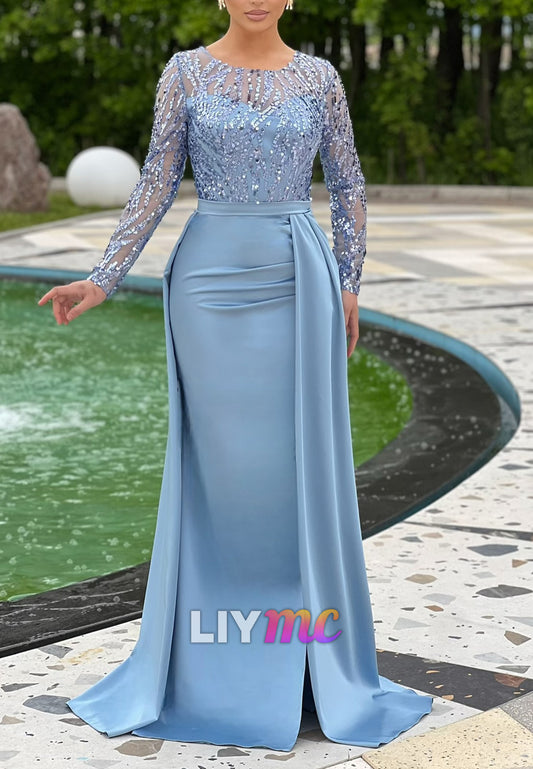 Scoop Long Sleeves Sequins Fitted Sheath Evening Dress