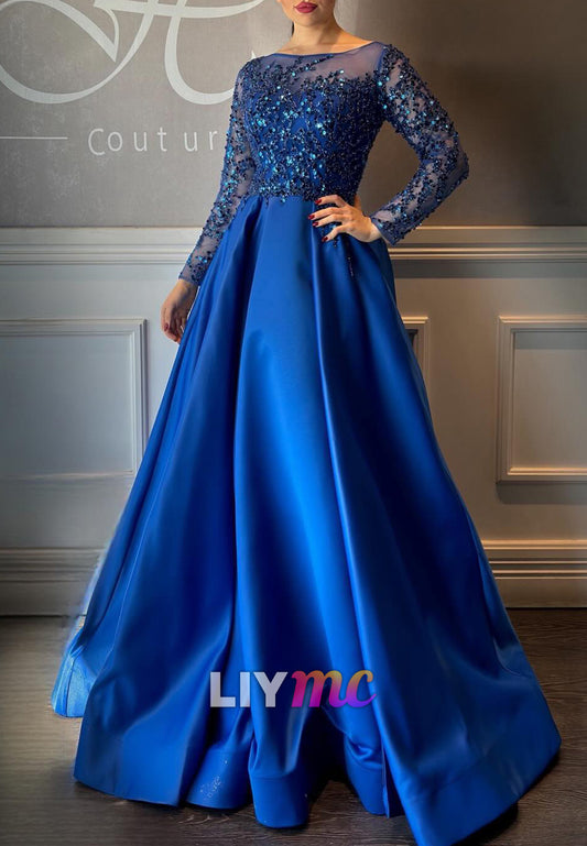 Scoop Long Sleeves Sequins Satin A-Line Evening Dress